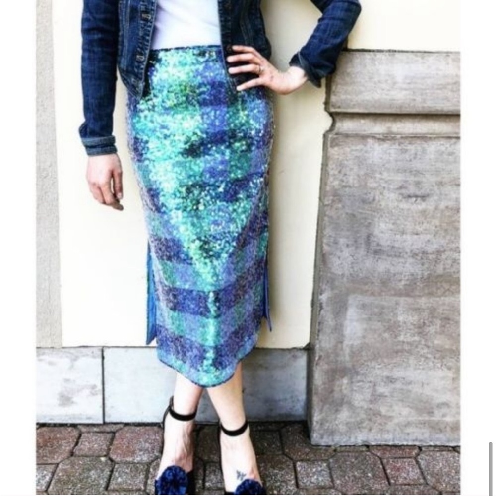 Maeve by Anthropologie Blue Purple Green Iridescent Plaid Sequin Midi Skirt 2